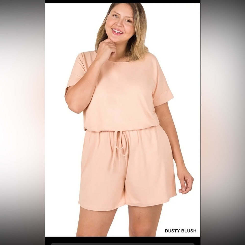 Zenana Plus Size Blush Simple Comfort Romper With Pockets